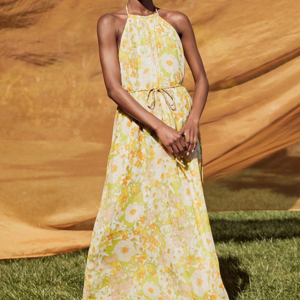 NWT Lulus Green Multi Floral Print Halter Maxi Dress Boho